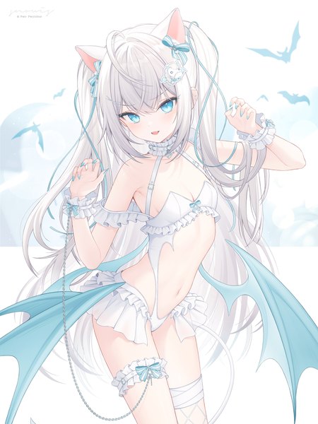 Anime picture 2000x2667 with original snow is single long hair tall image blush fringe highres breasts open mouth blue eyes light erotic smile payot looking away cleavage silver hair nail polish :d fingernails