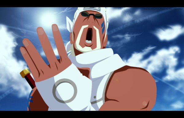 Anime picture 1280x820 with naruto studio pierrot naruto (series) killer bee i-azu single short hair open mouth looking away cloud (clouds) white hair coloring letterboxed jinchuriki boy fingerless gloves sunglasses beard