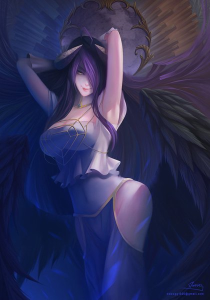 Anime picture 1050x1500 with overlord (maruyama) madhouse albedo (overlord) ousang single long hair tall image looking at viewer fringe breasts light erotic smile large breasts standing signed yellow eyes cleavage purple hair ahoge horn (horns)