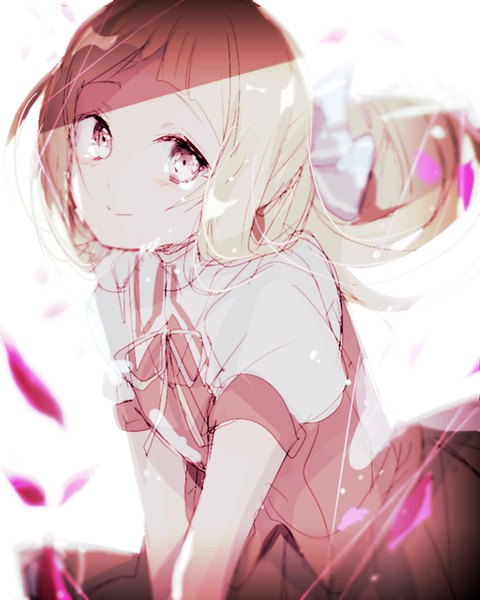 Anime picture 644x804 with yuusha de aru washio sumi wa yuusha de aru nogi sonoko hiiragi fuyuki single long hair tall image looking at viewer blonde hair smile upper body pink eyes short sleeves puffy sleeves tears shaded face polychromatic girl bowtie