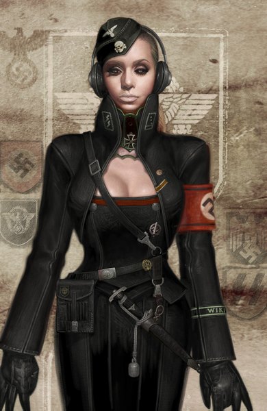 Anime picture 1000x1535 with original kcn single tall image looking at viewer standing brown eyes cleavage lipstick eyeshadow military skull and crossbones nazi girl gloves uniform weapon headdress headphones military uniform