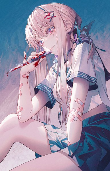 Anime picture 1087x1688 with original andi 1021 single long hair tall image looking at viewer blonde hair sitting payot pink eyes sparkle bandaid on arm girl uniform hair ornament serafuku blood bobby pin x hair ornament butterfly hair ornament