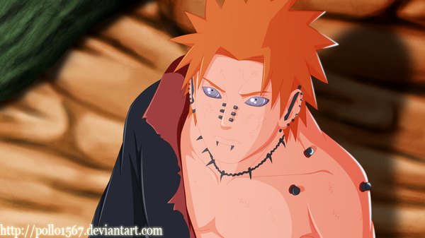 Anime picture 1000x563 with naruto studio pierrot naruto (series) pain (naruto) deva path pollo1567 single short hair wide image purple eyes from above orange hair shadow piercing coloring torn clothes looking up muscle akatsuki rinnegan