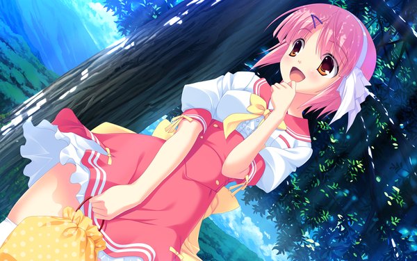 Anime picture 1280x800 with zutto tsukushite ageru no! yagihara nanami blush short hair open mouth wide image brown eyes pink hair game cg uniform plant (plants) school uniform tree (trees) hairband
