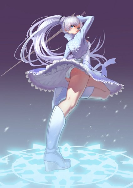 Anime picture 845x1195 with rwby rooster teeth weiss schnee -elf-jy single long hair tall image blue eyes light erotic white hair ponytail pantyshot magic girl dress underwear panties weapon sword boots