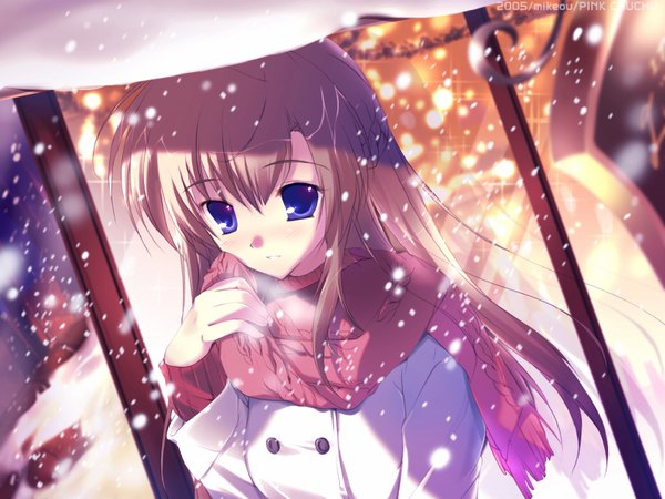 Anime picture 1600x1200 with pink chuchu (artbook) mikeou single blue eyes snowing winter snow soft beauty scarf