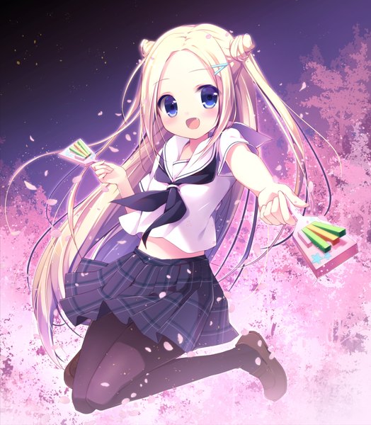 Anime picture 1022x1169 with hanayamata madhouse hana n. fontainestand miyasaka naka single long hair tall image blush open mouth blue eyes blonde hair loli cherry blossoms girl skirt uniform plant (plants) school uniform shirt petals