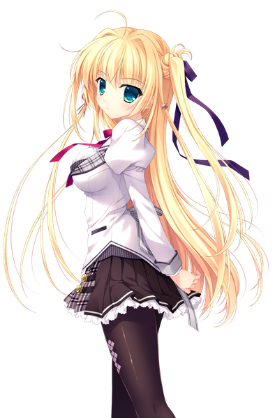 Anime picture 3390x5159 with alia's carnival! sakurakouji tsukuyomi nanao naru single long hair tall image looking at viewer highres blonde hair green eyes absurdres ahoge puffy sleeves one side up turning head hands behind back transparent background girl skirt uniform