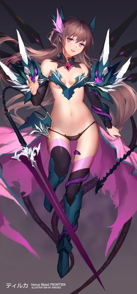 Anime picture 620x1323 with venus blood venus blood frontier tyrca (venus blood) swd3e2 single long hair tall image looking at viewer fringe breasts open mouth light erotic simple background smile hair between eyes brown hair bare shoulders holding signed full body
