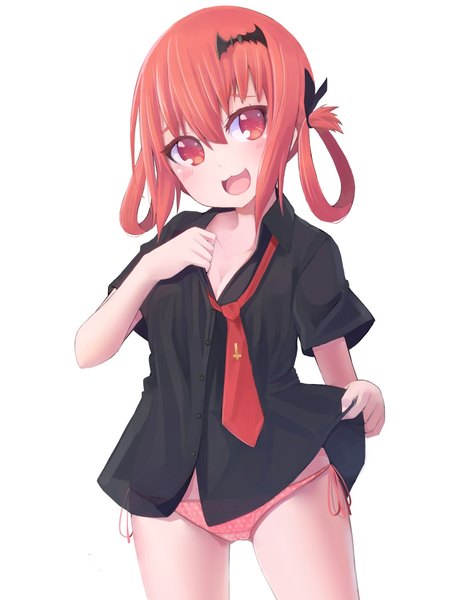 Anime picture 1177x1500 with gabriel dropout doga kobo satanichia kurumizawa mcdowell okota mikan single tall image looking at viewer fringe short hair open mouth light erotic smile hair between eyes red eyes white background cleavage red hair short sleeves cameltoe open collar