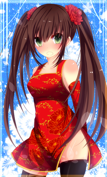 Anime picture 863x1432 with original bloodcatblack (tsukiko) single long hair tall image blush open mouth brown hair twintails green eyes hair flower chinese clothes girl thighhighs hair ornament flower (flowers) black thighhighs rose (roses) chinese dress