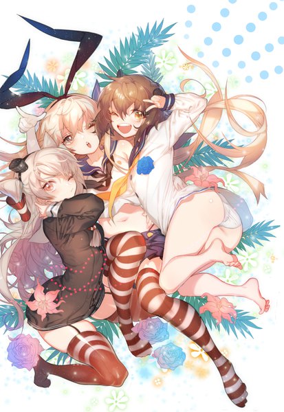 Anime picture 1333x1937 with kantai collection shimakaze destroyer amatsukaze destroyer yukikaze destroyer zuizi long hair tall image looking at viewer fringe short hair open mouth light erotic blonde hair hair between eyes brown hair multiple girls brown eyes ass one eye closed barefoot