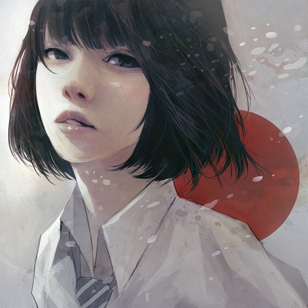 Anime picture 800x800 with original wataboku single fringe short hair black hair simple background looking away blunt bangs parted lips lips black eyes realistic grey background portrait girl shirt necktie white shirt flag