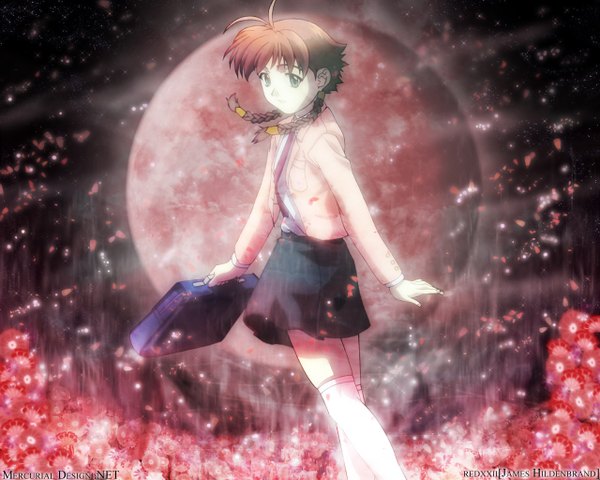 Anime picture 1280x1024 with madlax margaret burton james hildenbrand (redxxii) ohsawa satoshi (bee train) single long hair looking at viewer brown hair standing signed braid (braids) wallpaper twin braids girl thighhighs skirt necktie black skirt moon full moon