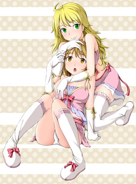 Anime picture 628x850 with idolmaster idolmaster (classic) hoshii miki hagiwara yukiho lambda (kusowarota) long hair tall image blush short hair open mouth light erotic blonde hair smile brown hair bare shoulders multiple girls brown eyes green eyes hug hug from behind