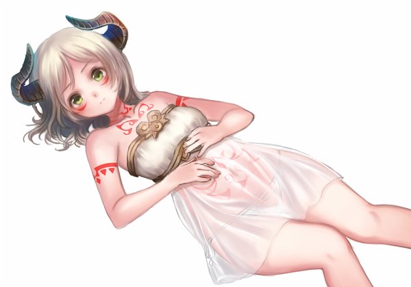 Anime picture 1020x713 with original nishizawa single looking at viewer fringe short hair light erotic simple background blonde hair brown hair white background bare shoulders green eyes bent knee (knees) lying multicolored hair horn (horns) bare legs tattoo facial mark