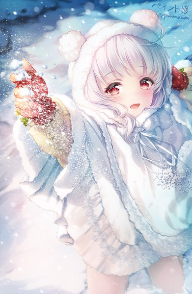 Anime picture 650x996 with original paint musume single tall image looking at viewer blush fringe short hair open mouth smile red eyes standing signed white hair :d arm up fur trim twitter username lens flare snowing