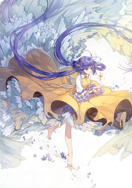Anime picture 1000x1414 with touhou tsukumo benben kieta single tall image purple eyes twintails looking away purple hair full body very long hair barefoot low twintails girl dress flower (flowers) frills star (symbol) yellow dress