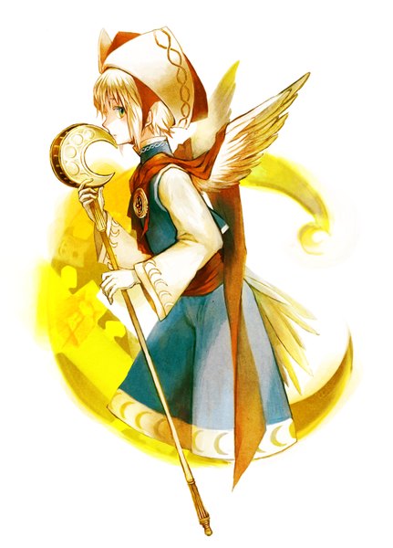 Anime picture 2251x3136 with original sugi (artist) single tall image looking at viewer highres short hair blue eyes simple background blonde hair white background profile angel wings crescent girl dress hat staff