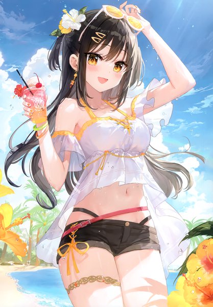 Anime picture 2406x3464 with original fuumi (radial engine) single long hair tall image looking at viewer blush fringe highres breasts open mouth black hair smile standing sky cloud (clouds) outdoors nail polish :d hair flower