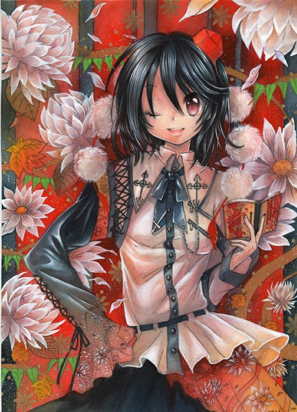 Anime picture 722x1000 with touhou shameimaru aya mosho single tall image short hair open mouth black hair red eyes one eye closed wink hand on hip traditional media watercolor (medium) girl flower (flowers) petals book (books) pom pom (clothes) tokin hat