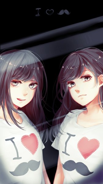 Anime picture 563x1000 with original e (a92157) long hair tall image looking at viewer fringe open mouth black hair simple background smile multiple girls short sleeves grey eyes black background against glass heart print girl 2 girls heart t-shirt