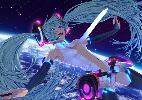 Anime picture 2000x1413 with vocaloid vocaloid append hatsune miku hatsune miku (append) nayu single fringe highres breasts open mouth light erotic twintails nail polish aqua eyes fingernails aqua hair glowing happy glowing eye (eyes) falling
