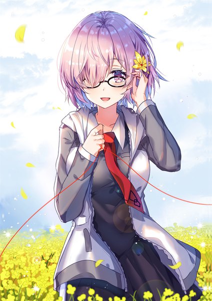 Anime picture 1240x1753 with fate (series) fate/grand order mash kyrielight shanguier single tall image looking at viewer blush fringe short hair breasts open mouth smile standing purple eyes pink hair sky cloud (clouds) outdoors :d