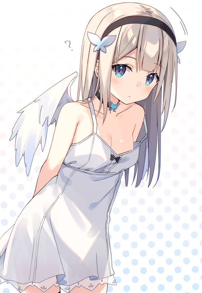 Anime picture 1000x1445 with original zoirun single long hair tall image looking at viewer blush breasts blue eyes light erotic blonde hair white background cleavage leaning leaning forward strap slip polka dot white wings polka dot background ?