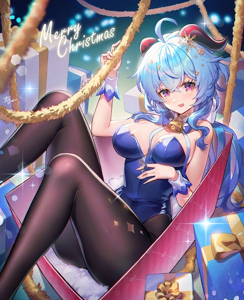 Anime picture 1100x1353 with genshin impact ganyu (genshin impact) anzumame single long hair tall image looking at viewer fringe breasts light erotic hair between eyes large breasts purple eyes blue hair cleavage ahoge horn (horns) sparkle christmas merry christmas