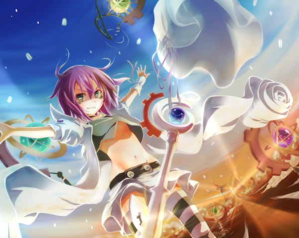 Anime picture 2900x2318 with yumekui merry merry nightmare dennryuurai single highres short hair green eyes purple hair spread arms girl thighhighs skirt miniskirt striped thighhighs staff