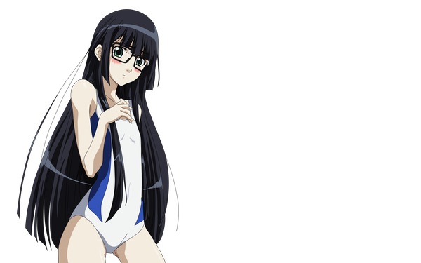 Anime picture 2560x1600 with asobi ni iku yo! futaba aoi (asobi ni iku yo!) long hair blush highres black hair wide image green eyes flat chest transparent background vector girl swimsuit glasses