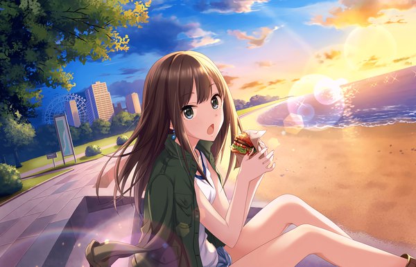 Anime-Bild 2560x1648 mit idolmaster idolmaster cinderella girls idolmaster cinderella girls starlight stage shibuya rin annindoufu (oicon) single long hair looking at viewer fringe highres open mouth blue eyes brown hair sitting sky cloud (clouds) open jacket official art lens flare evening