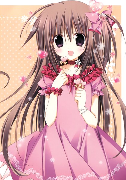 Anime picture 2243x3200 with korie riko single long hair tall image looking at viewer blush highres open mouth brown hair purple eyes scan girl dress flower (flowers) bow hair bow frills heart