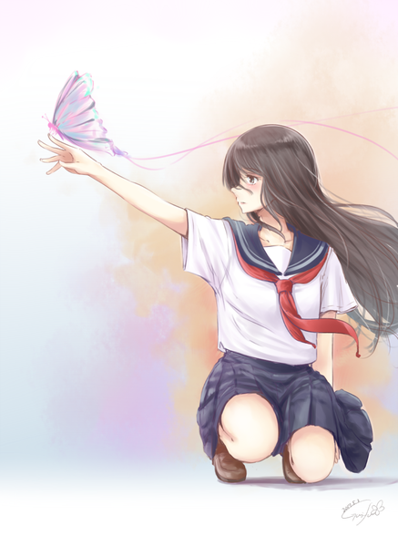 Anime picture 810x1110 with original gurifu single long hair tall image blush fringe black hair simple background hair between eyes signed looking away full body profile pleated skirt arm up wind black eyes short sleeves dated