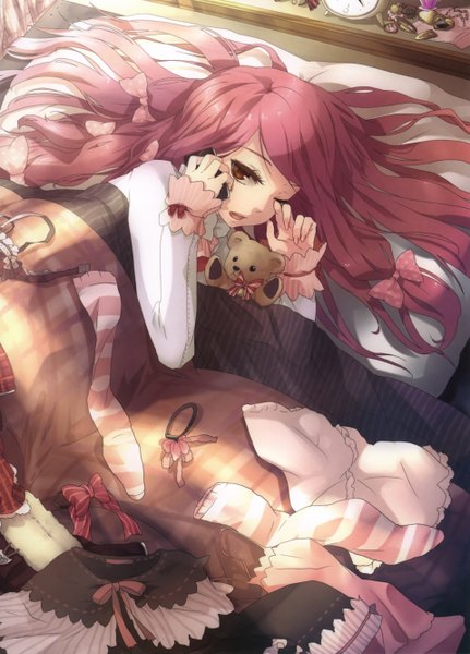 Anime-Bild 1916x2664 mit original plastick single long hair tall image looking at viewer highres open mouth brown eyes pink hair sunlight girl thighhighs dress hair ornament bow hair bow lingerie bra bed