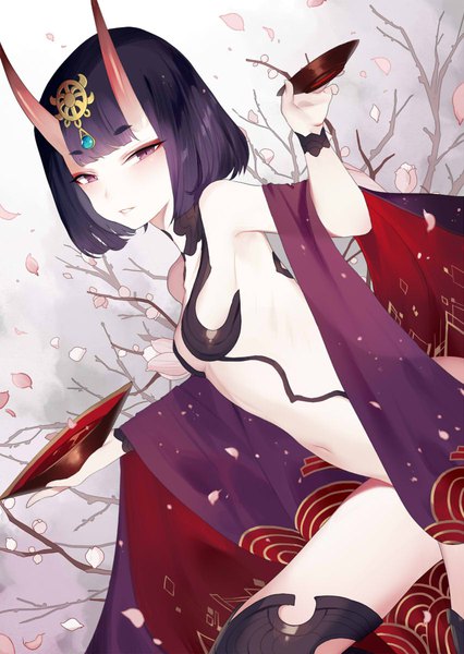 Anime picture 853x1200 with fate (series) fate/grand order shuten douji (fate) hillly (maiwetea) single tall image looking at viewer blush fringe short hair light erotic smile standing purple eyes holding purple hair outdoors blunt bangs traditional clothes parted lips
