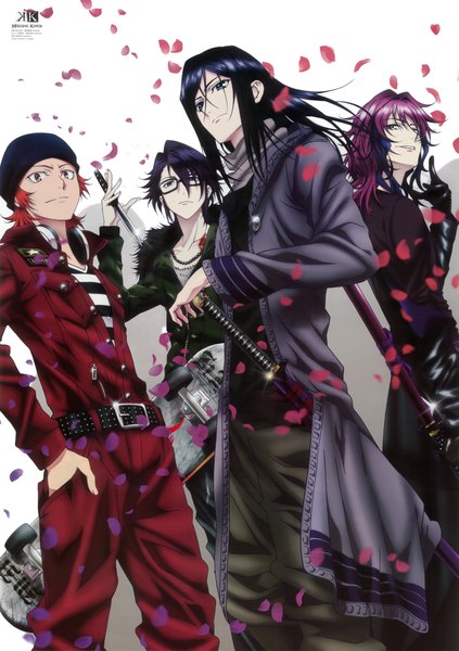 Anime picture 6983x9900 with k-project gohands (studio) misaki yata munakata reishi yatogami kuroh mishakuji yukari long hair tall image looking at viewer highres short hair blue eyes simple background smile standing white background brown eyes looking away absurdres purple hair