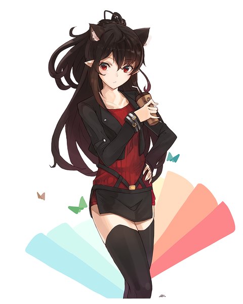 Anime picture 1000x1250 with original nellen single long hair tall image blush fringe red eyes brown hair standing holding animal ears ponytail pointy ears cat ears open clothes open jacket cat girl girl thighhighs