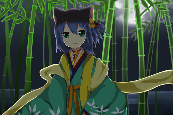 Anime picture 2200x1457 with utau ryone yami saru to yami single highres short hair open mouth green eyes animal ears blue hair traditional clothes multicolored hair cat ears cat girl girl plant (plants) moon bamboo