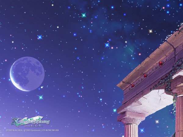 Anime picture 1600x1200 with kagaya sky night sky 3d moon star (stars) planet pillar column
