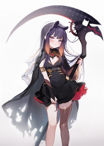 Anime picture 1628x2283 with virtual youtuber hololive hololive english mori calliope ninomae ina'nis koahri single long hair tall image looking at viewer blush fringe simple background standing white background purple eyes holding animal ears purple hair blunt bangs