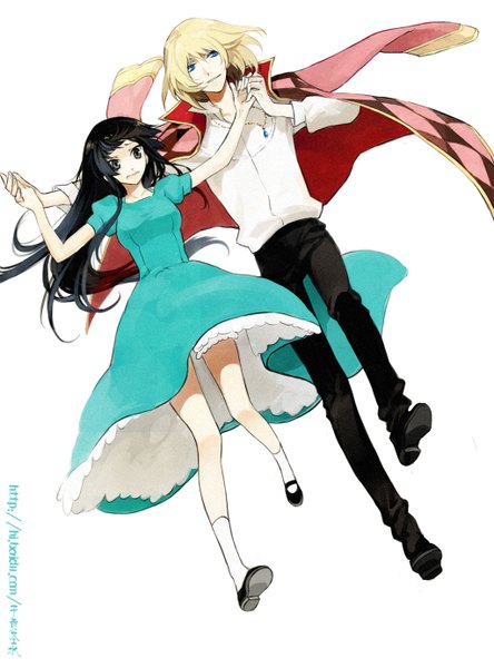Anime picture 1024x1382 with howl's moving castle studio ghibli howl sophie hatter psd (pixiv) long hair tall image short hair black hair simple background blonde hair white background full body holding hands clothes on shoulders girl dress boy shirt choker