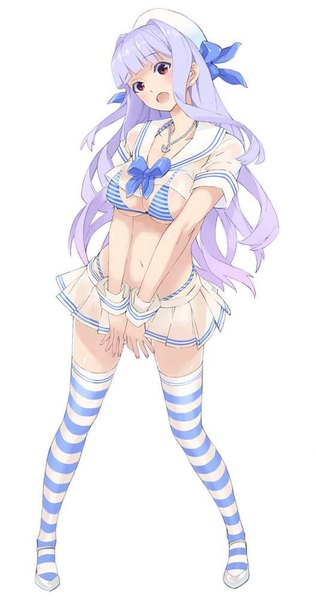 Anime picture 527x1000 with idolmaster shijou takane musashimaru single long hair tall image looking at viewer fringe breasts open mouth light erotic simple background red eyes large breasts standing white background purple hair pleated skirt midriff alternate costume