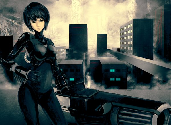 Anime picture 1200x881 with original infinote single looking at viewer short hair black hair black eyes hand on hip city girl weapon building (buildings) bodysuit