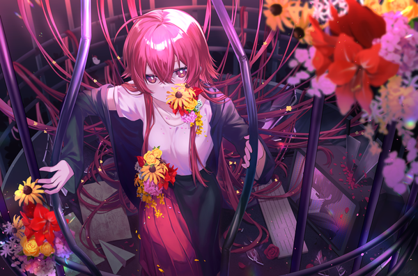 Anime picture 5300x3500 with original alchiaki single looking at viewer fringe highres open mouth hair between eyes red eyes standing pink hair absurdres ahoge very long hair from above blurry off shoulder open jacket girl skirt