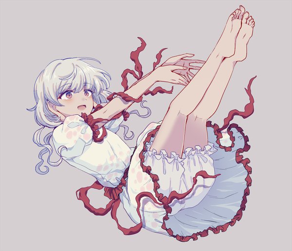 Anime picture 1400x1206 with touhou ebisu eika uranaishi (miraura) single long hair open mouth simple background red eyes looking away silver hair full body :d barefoot grey background bare legs puffy sleeves legs frilled dress girl dress