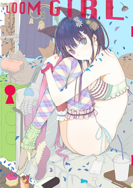 Anime picture 711x1000 with original fuyuno haruaki single long hair tall image looking at viewer blue eyes light erotic sitting purple eyes bare shoulders animal ears blue hair pink hair multicolored hair hair flower cat ears heterochromia gradient hair knees touching