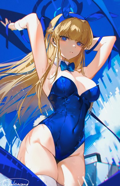 Anime picture 3000x4611 with blue archive toki (blue archive) toki (bunny) (blue archive) laksarang single long hair tall image looking at viewer highres breasts blue eyes light erotic blonde hair large breasts standing signed animal ears cleavage cloud (clouds) tail