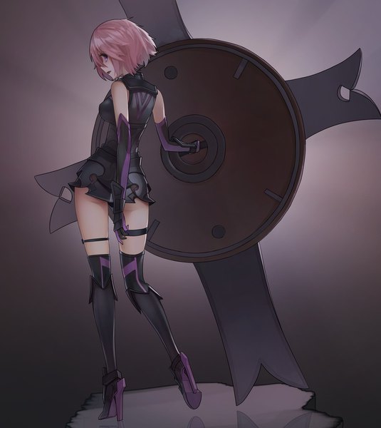 Anime picture 892x1000 with fate (series) fate/grand order mash kyrielight jiachong jun z single tall image looking at viewer fringe short hair open mouth light erotic simple background standing bare shoulders holding payot pink hair ass profile pink eyes